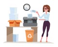 Girl office worker works with Shredder, terminates a pack of documents. Compact shredder stands on the table with a box of stacked Royalty Free Stock Photo