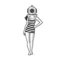 Girl in old diver helmet sketch vector