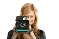 Girl with old point and shoot instant camera Royalty Free Stock Photo