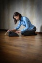 Girl with old typewriter Royalty Free Stock Photo