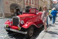 Girl and Oldtimer in Prague Streets Royalty Free Stock Photo