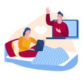 A girl with oncology in a bandana sits on the bed with a laptop. Communicates with a friend via video chat. Vector illustration in