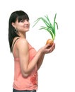 Girl and an onions. It is isolated Royalty Free Stock Photo