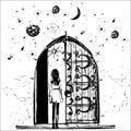 Girl open the door entrance with stars, the planer and month on the other side, could be a concept for heaven, portal or Royalty Free Stock Photo