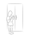 The girl opens the door, vector. Hand drawn sketch