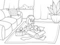 A girl opens a gift, a puppy in a gift box. Room interior. Raster, page for printable children coloring book. Royalty Free Stock Photo