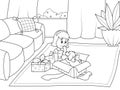 A girl opens a gift, a puppy in a gift box. Room interior. Vector, page for printable children coloring book. Royalty Free Stock Photo