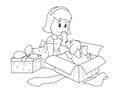 A girl opens a gift, a puppy in a gift box. Vector, page for printable children coloring book.