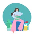 The girl opens gifts. Cheerful woman sits on a mountain of gifts. Lots of gifts after the holidays. Abstract illustration in flat