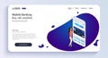 The girl operates mobile banking.Mobile banking. Mobile bank app isometric concept. Online banking design