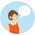 Girl operator in headphones on blue background with stripes, speech bubble.