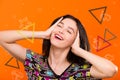 Girl on orange background with colorful triangles, sea set