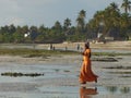 Girl in orange dress on beach collecting seaweed, copy space, Zanzibar