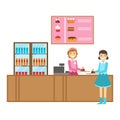 Girl Ordering A Cake At The Counter, Smiling Person Having A Dessert In Sweet Pastry Cafe Vector Illustration