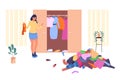 Girl organize closet. Organization cluttered home wardrobe, woman declutter arranged messy fashion cloth, vector