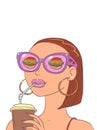 A girl in original glasses drinks a drink and thinks about buying. Potential consumer of a service or offer.