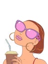 A girl in original glasses drinks a drink and thinks about buying. Potential consumer of a service or offer.