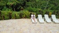 Girl in the outdoor lounge chair uses laptop for remote work on vacation