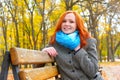 Girl outdoor portrait at fall season, yellow city park Royalty Free Stock Photo