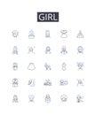 Girl line icons collection. Female, Woman, Lady, Miss, Maiden, Young woman, Teenager vector and linear illustration