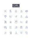 Girl line icons collection. Female, Woman, Lady, Miss, Maiden, Young woman, Teenager vector and linear illustration