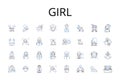 Girl line icons collection. Female, Woman, Lady, Miss, Maiden, Young woman, Teenager vector and linear illustration