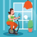 Girl with overweight doing exercises banner vector illustration. Woman training to lose weight. Exercise bike at home Royalty Free Stock Photo