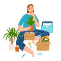 Girl packing her stuff, moving, vector illustration