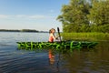 Girl with paddle and kayak Royalty Free Stock Photo