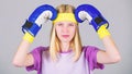 Girl painful face embrace head with boxing gloves. Headache concept. Keep calm and get rid of headache. Beat headache