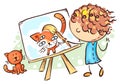 Girl painting her cat, Vector, Child Drawing