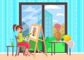 Girl painting still life. Artist creates picture in creative studio. Lady draws image on canvas Royalty Free Stock Photo