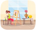 Girl painting still life. Artist creates picture of vase of flowers and fruits on canvas in studio