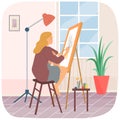 Girl is painting still life. Woman transfers image of branches with flowers in vase to canvas Royalty Free Stock Photo