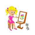 Girl paints flower on an easel