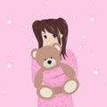 Girl in pajamas hugs a bear, anime, vector illustration