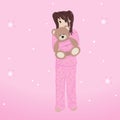 Girl in pajamas hugs a bear, anime, vector illustration