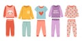 Girl pajamas set. Textile night clothes for kids sleepwear bedtime pajamas vector colored pictures