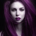 The girl with pale skin and purple hair in the form of a vampire. Insta color. Royalty Free Stock Photo