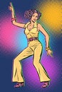 Girl in pantsuit. woman disco dance 80s background