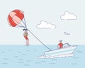 Girl parasailing with parachute in sky over water boat. Extreme summer water activity concept