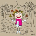 Girl in park throws autumn leaves. Autumn landscape