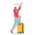 Girl Passenger with Yellow Luggage Ordering Taxi Car Isolated on White Background. Woman with Suitcase Waving Hand