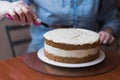 Girl Pastry Chef, makes a wedding cake with his own hands and squeezes the cream on the cake layers. Copy space. Selective focus.A Royalty Free Stock Photo