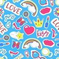 Girl Patches Sticker Background Pattern on a Blue. Vector