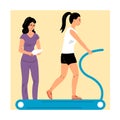 Girl patient is exercising on a treadmill under the supervision of a doctor