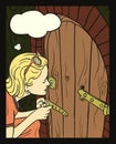 Girl Peeking At A Small Door