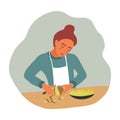 Girl peeling potatoes for cooking. A young woman with a knife and a vegetable prepares food. Vector flat illustration