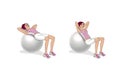 Girl performs an exercise with a fitball for arms and back. Lying position. The girl is exercising. Illustration isolated on white