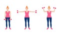 The girl performs exercises with dumbbells. The concept of sports, healthy lifestyle. Set of three illustrations.